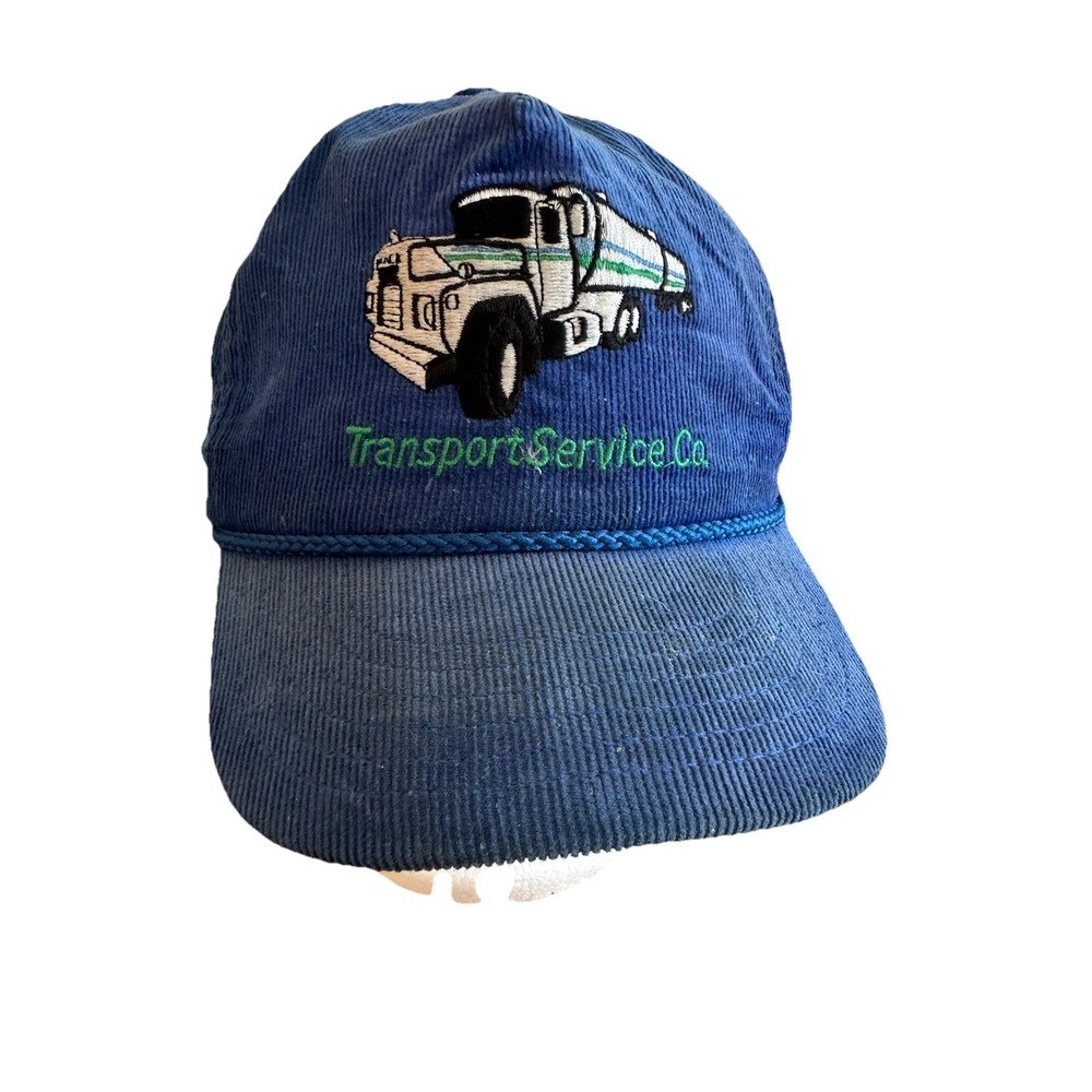 Vintage 80s Transport Service Co Trucker Hat Corduroy Blue Snapback USA Made Cap